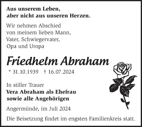 Traueranzeige von Friedhelm Abraham von Märkische Oderzeitung