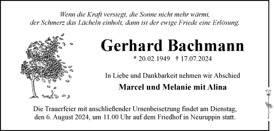 Traueranzeige von Gerhard Bachmann von Märkische Oderzeitung