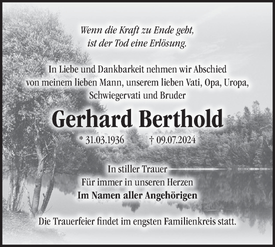 Traueranzeige von Gerhard Berthold von Märkische Oderzeitung