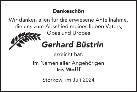 Traueranzeige von Gerhard Büstrin von Märkische Oderzeitung