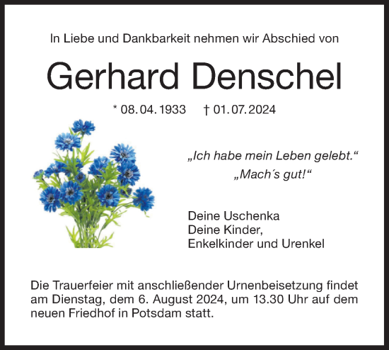 Traueranzeige von Gerhard Denschel von Märkische Oderzeitung