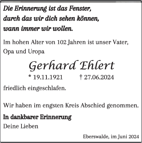 Traueranzeige von Gerhard Ehlert von Märkische Oderzeitung