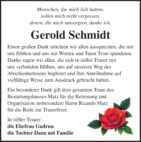 Traueranzeige von Gerold Schmidt von Märkische Oderzeitung