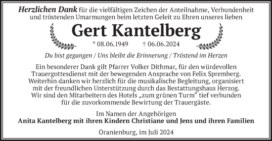 Traueranzeige von Gert Kantelberg von Märkische Oderzeitung