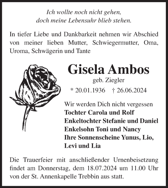 Traueranzeige von Gisela Ambos von Märkische Oderzeitung
