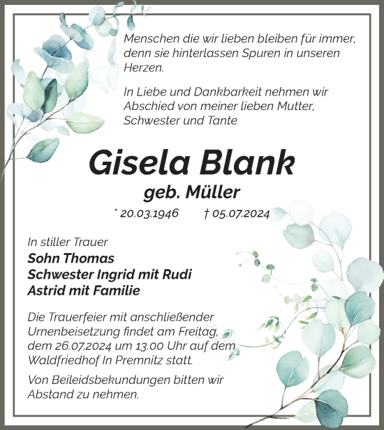Traueranzeige von Gisela Blank von Märkische Oderzeitung