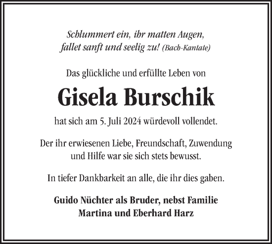 Traueranzeige von Gisela Burschik von Märkische Oderzeitung