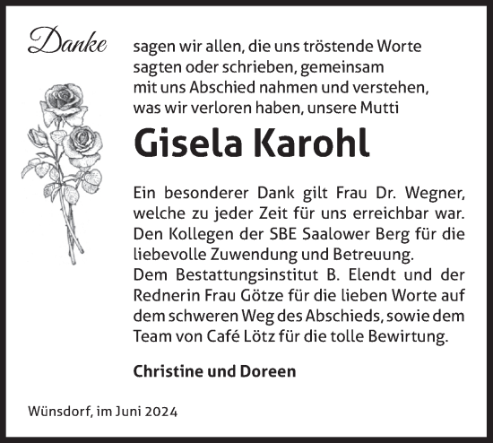 Traueranzeige von Gisela Karohl von Märkische Oderzeitung