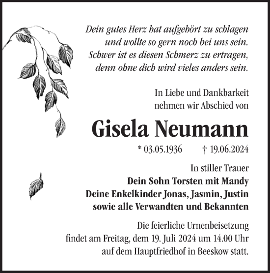 Traueranzeige von Gisela Neumann von Märkische Oderzeitung