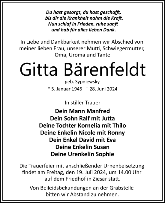 Traueranzeige von Gitta Bärenfeldt von Märkische Oderzeitung