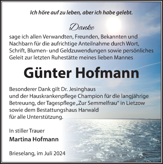 Traueranzeige von Günter Hofmann von Märkische Oderzeitung