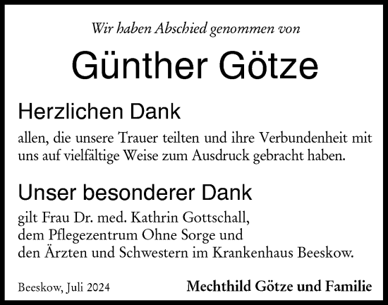 Traueranzeige von Günther Götze von Märkische Oderzeitung