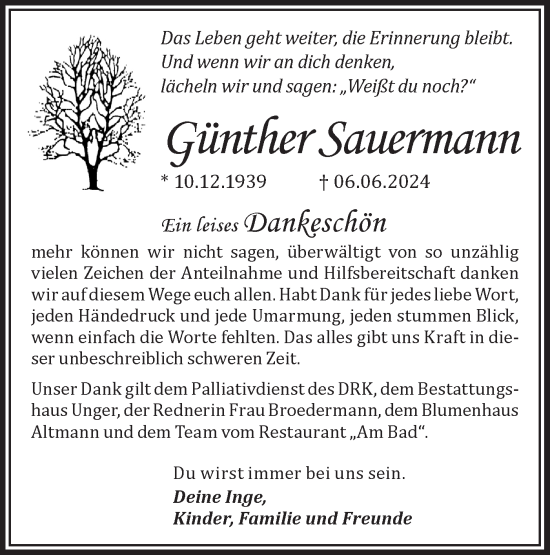 Traueranzeige von Günther Sauermann von Märkische Oderzeitung