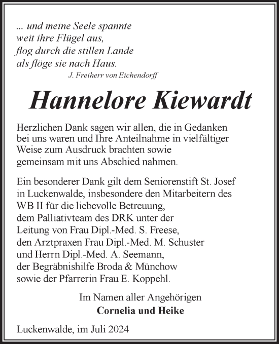 Traueranzeige von Hannelore Kiewardt von Märkische Oderzeitung