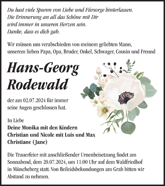Traueranzeige von Hans-Georg Rodewald von Märkische Oderzeitung