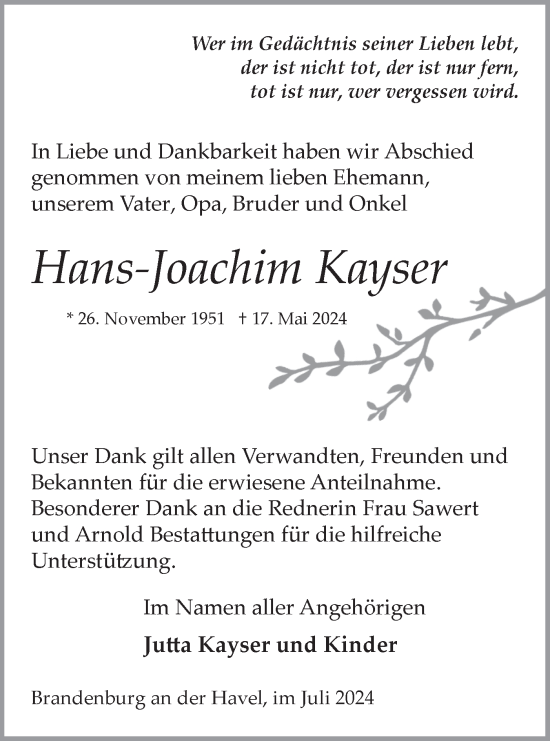 Traueranzeige von Hans-Joachim Kayser von Märkische Oderzeitung