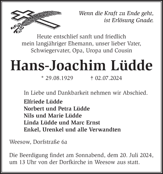Traueranzeige von Hans-Joachim Lüdde von Märkische Oderzeitung