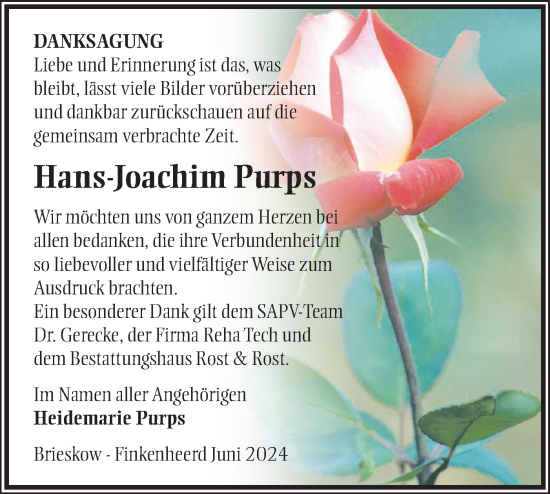 Traueranzeige von Hans-Joachim Purps von Märkische Oderzeitung