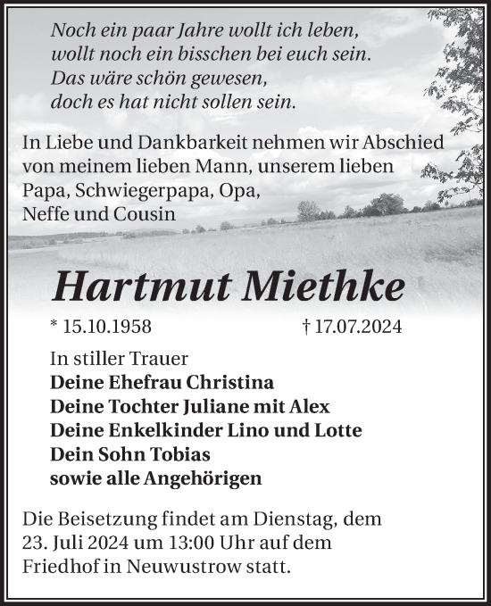 Traueranzeige von Hartmut Miethke von Märkische Oderzeitung