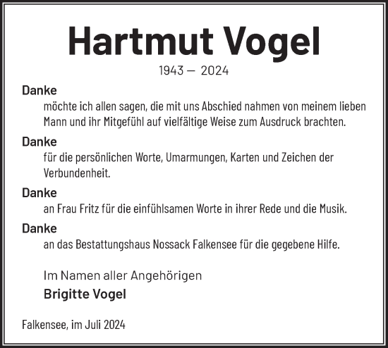 Traueranzeige von Hartmut Vogel von Märkische Oderzeitung