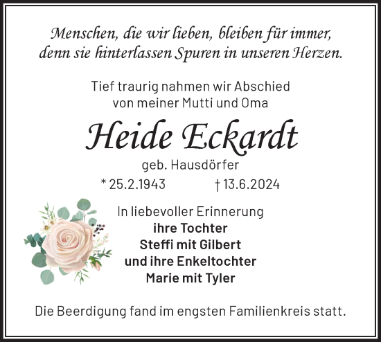 Traueranzeige von Heide Eckardt von Märkische Oderzeitung