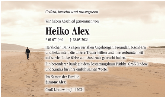 Traueranzeige von Heiko Alex von Märkische Oderzeitung