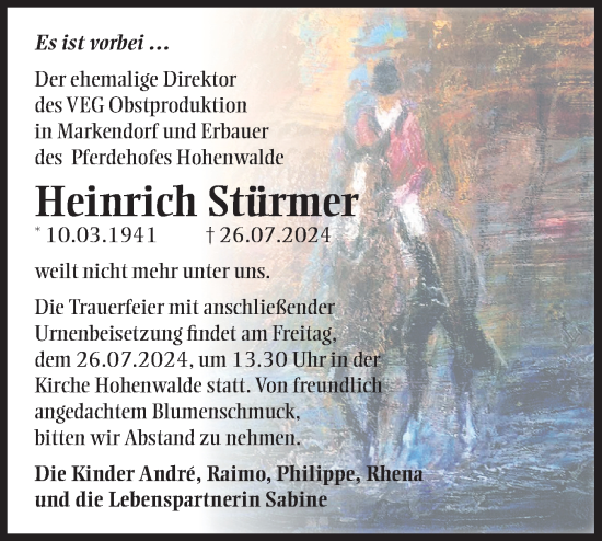 Traueranzeige von Heinrich Stürmer von Märkische Oderzeitung
