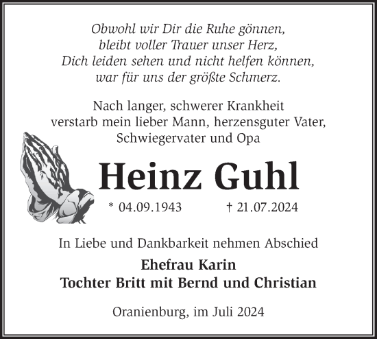 Traueranzeige von Heinz Guhl von Märkische Oderzeitung