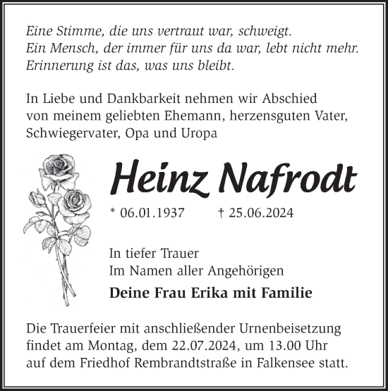 Traueranzeige von Heinz Nafrodt von Märkische Oderzeitung