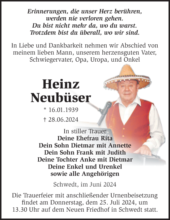 Traueranzeige von Heinz Neubüser von Märkische Oderzeitung
