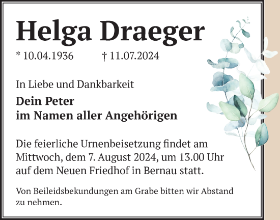 Traueranzeige von Helga Draeger von Märkische Oderzeitung