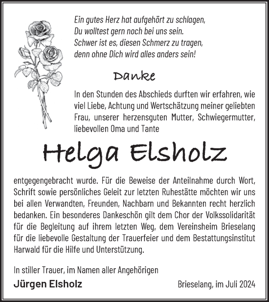 Traueranzeige von Helga Elsholz von Märkische Oderzeitung