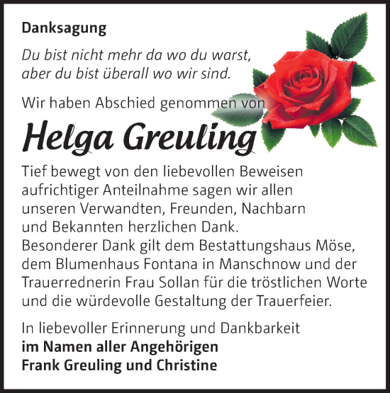Traueranzeige von Helga Greuling von Märkische Oderzeitung