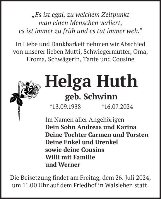 Traueranzeige von Helga Huth von Märkische Oderzeitung