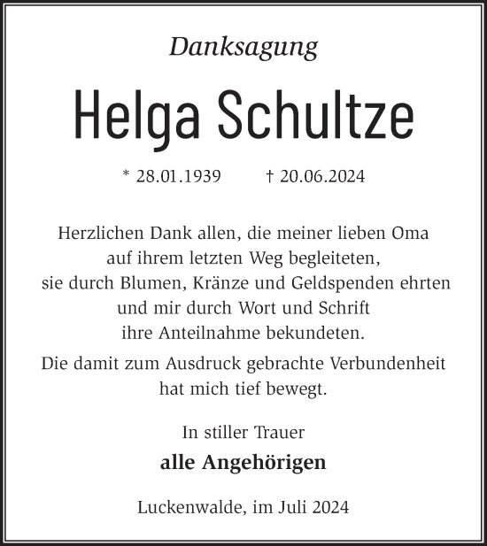 Traueranzeige von Helga Schultze von Märkische Oderzeitung