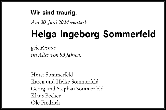 Traueranzeige von Helga  Sommerfeld von Märkische Oderzeitung