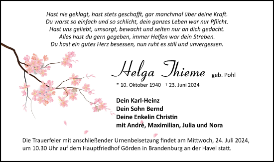 Traueranzeige von Helga Thieme von Märkische Oderzeitung