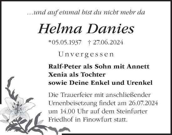 Traueranzeige von Helma Danies von Märkische Oderzeitung