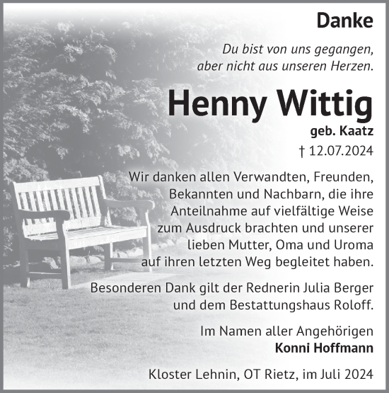 Traueranzeige von Henny Wittig von Märkische Oderzeitung