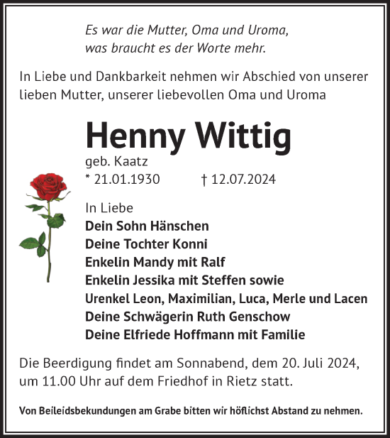 Traueranzeige von Henny Wittig von Märkische Oderzeitung