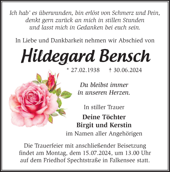 Traueranzeige von Hildegard Bensch von Märkische Oderzeitung