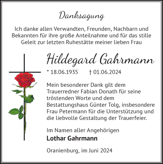 Traueranzeige von Hildegard Gahrmann von Märkische Oderzeitung