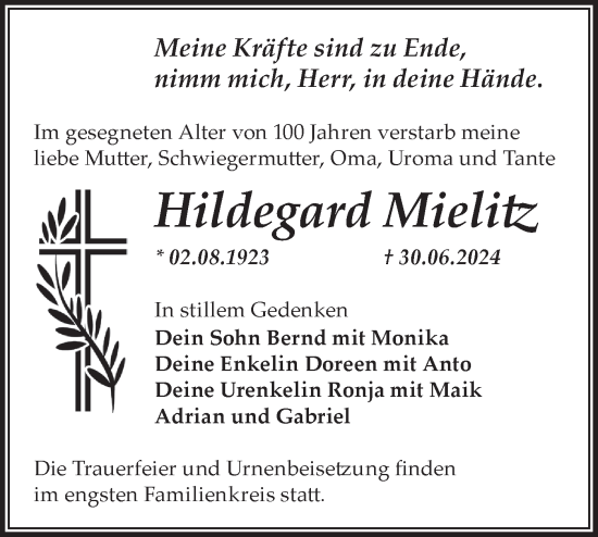 Traueranzeige von Hildegard Mielitz von Märkische Oderzeitung