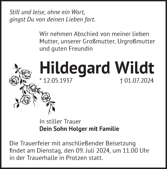 Traueranzeige von Hildegard Wildt von Märkische Oderzeitung