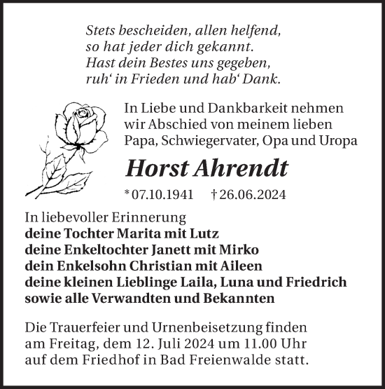 Traueranzeige von Horst Ahrendt von Märkische Oderzeitung
