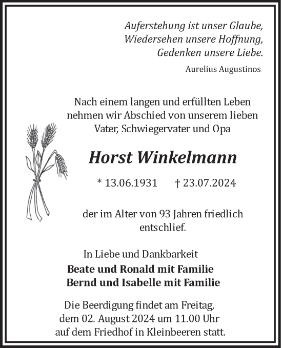 Traueranzeige von Horst Winkelmann von Märkische Oderzeitung