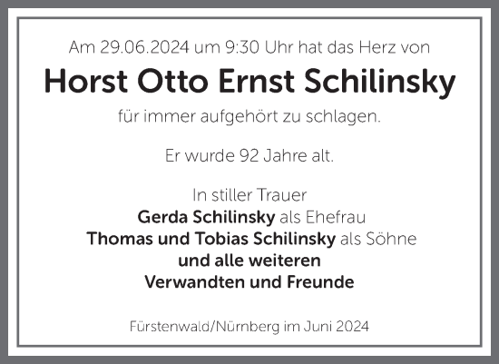 Traueranzeige von Horst Otto Ernst Schilinsky von Märkische Oderzeitung