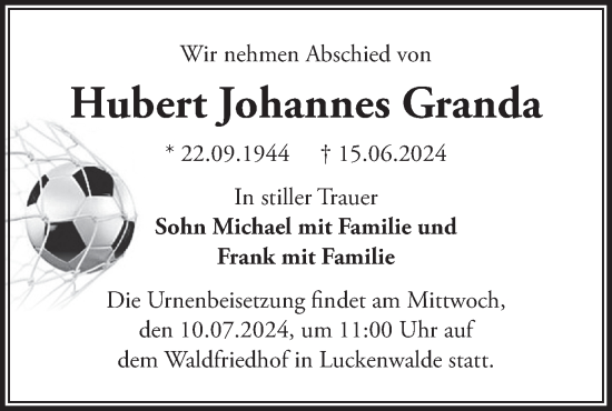 Traueranzeige von Hubert Johannes Granda von Märkische Oderzeitung