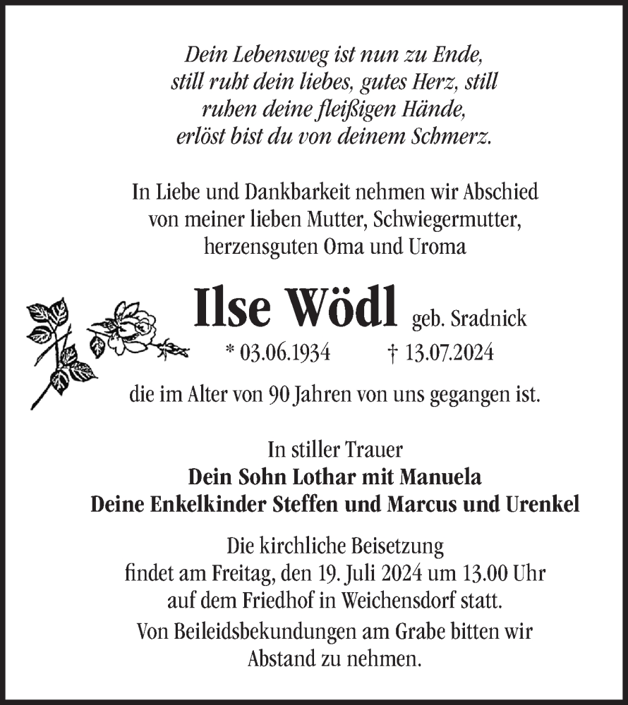  Traueranzeige für Ilse Wödl vom 18.07.2024 aus Märkische Oderzeitung