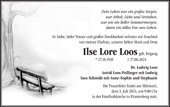 Traueranzeige von Ilse Lore Loos von Märkische Oderzeitung